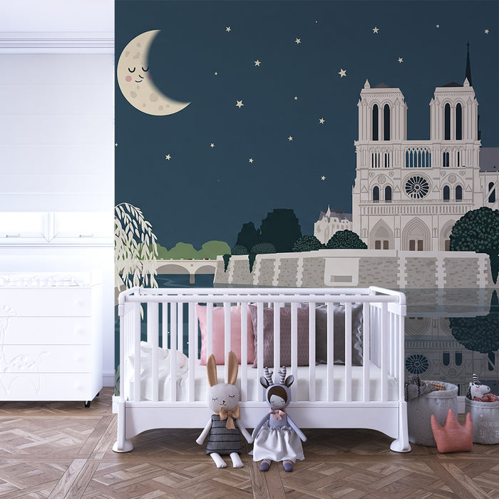 Papier peint chambre enfant | Nuit étoilée avec la cathédrale et un ciel rêveur