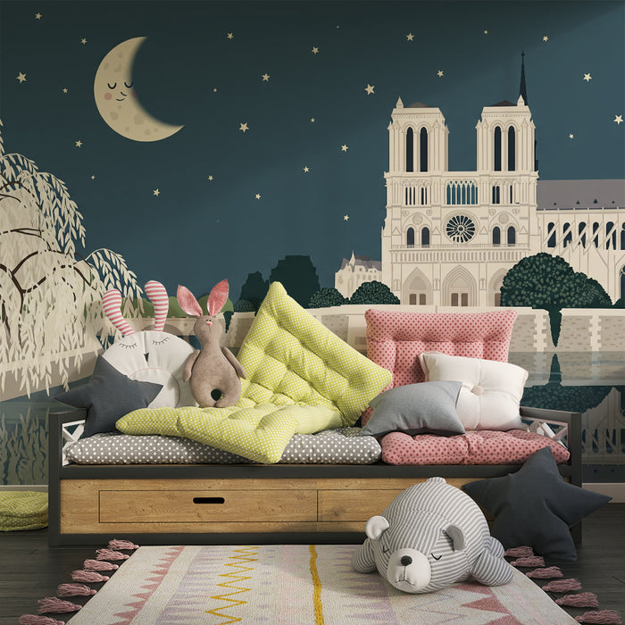 Papier peint chambre enfant | Nuit étoilée avec la cathédrale et un ciel rêveur