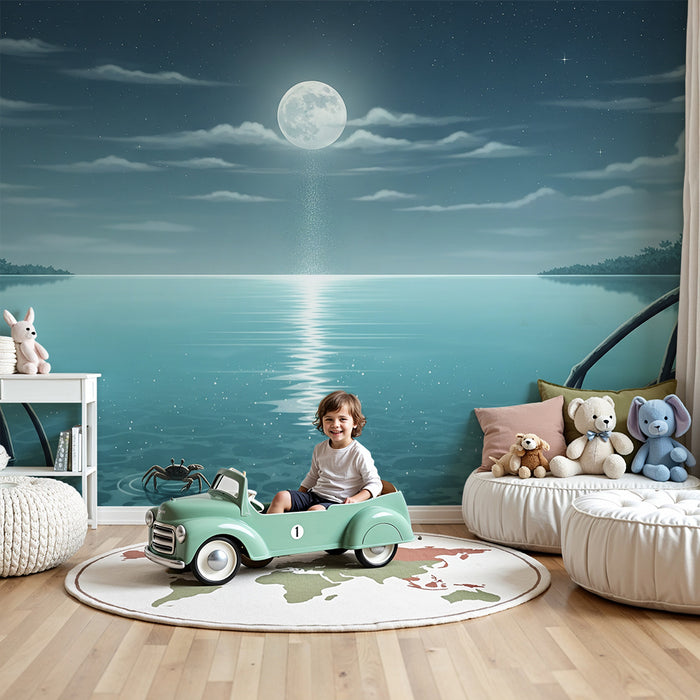 Kids' Room Wallpaper | Starry Night with Moon and Water Reflection