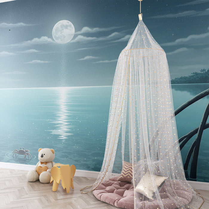 Kids' Room Wallpaper | Starry Night with Moon and Water Reflection