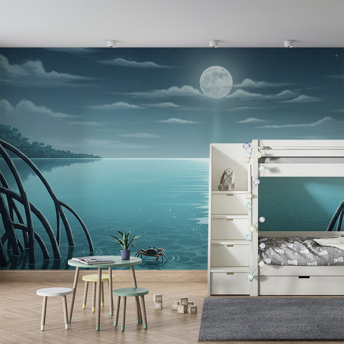 Kids' Room Wallpaper | Starry Night with Moon and Water Reflection