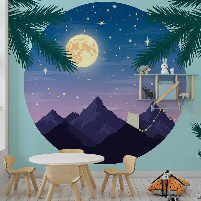 Χαρτί τοίχου παιδικού δωματίου | Αστερόσκονη με βουνά και λαμπερή σελήνη