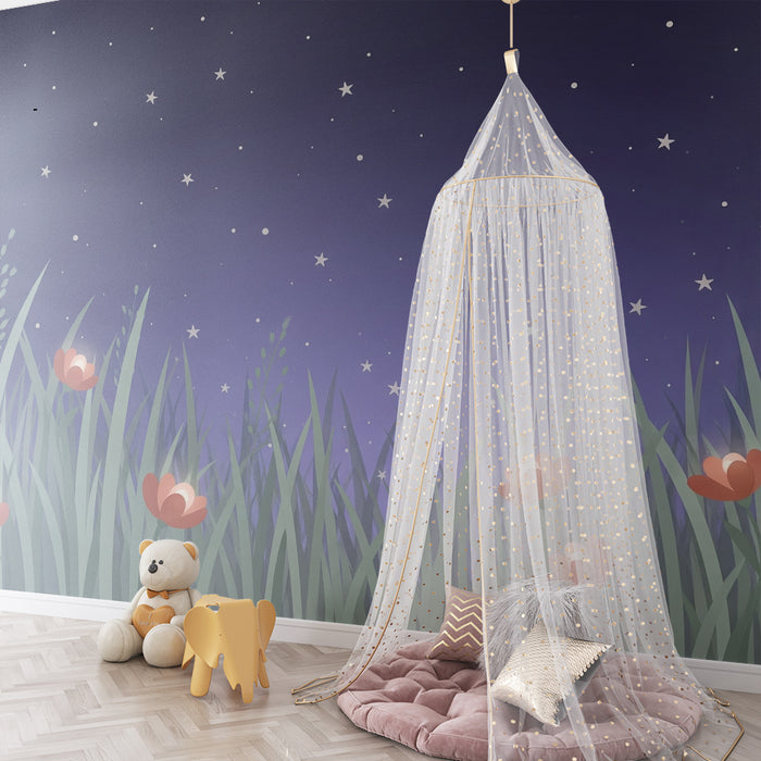 Papel de parede criança | Noite estrelada e flores luminosas