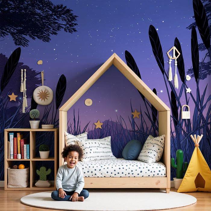 Carta da parati bambini | Notte stellata e erbe selvatiche sotto un cielo pastello