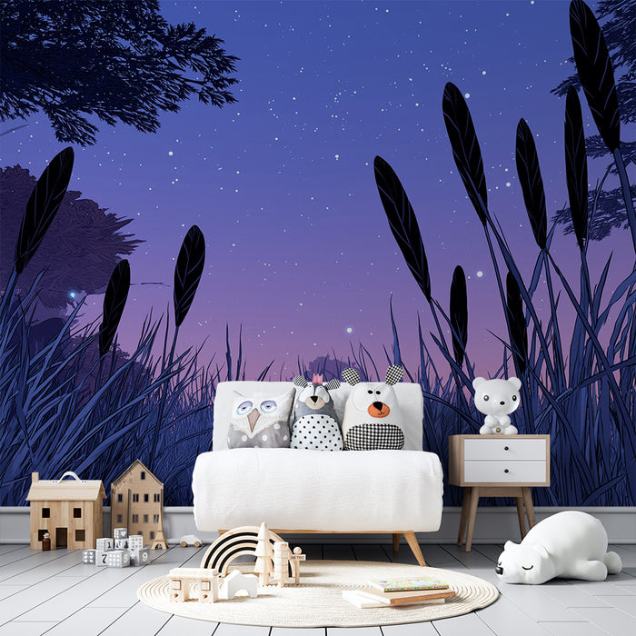 Carta da parati bambini | Notte stellata e erbe selvatiche sotto un cielo pastello