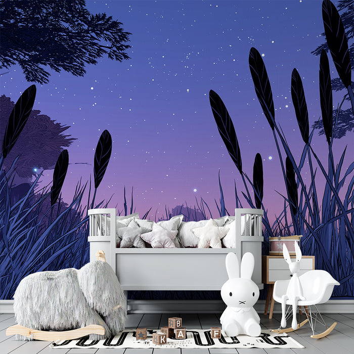 Carta da parati bambini | Notte stellata e erbe selvatiche sotto un cielo pastello