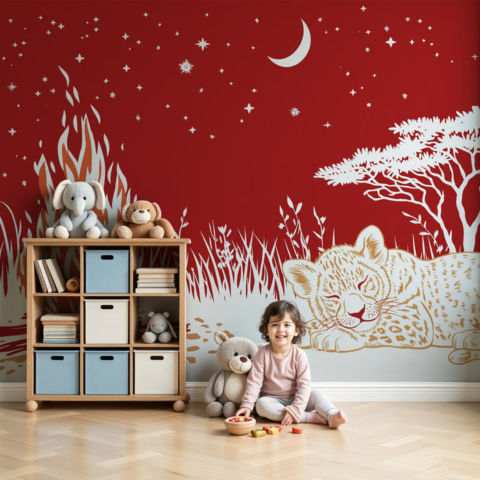 Tapet barnerom | Stjerneklar natt og sovende løveunge