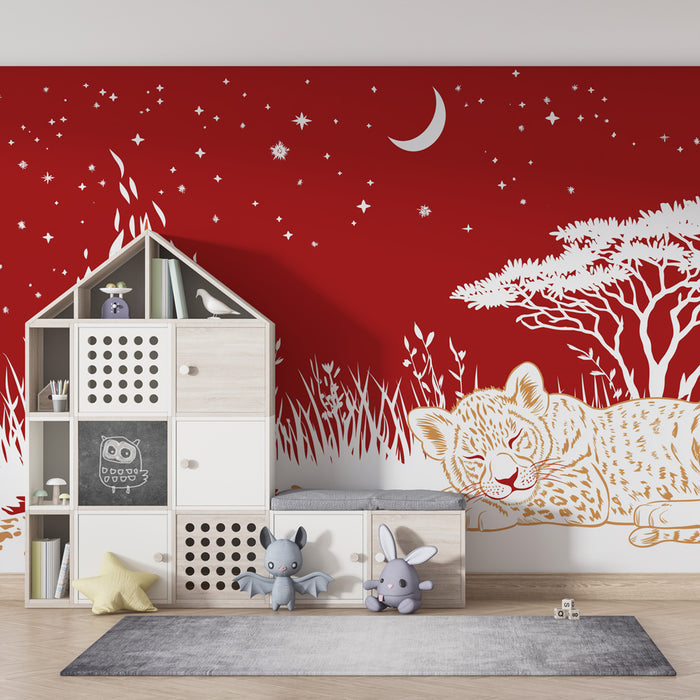 Tapet barnerom | Stjerneklar natt og sovende løveunge