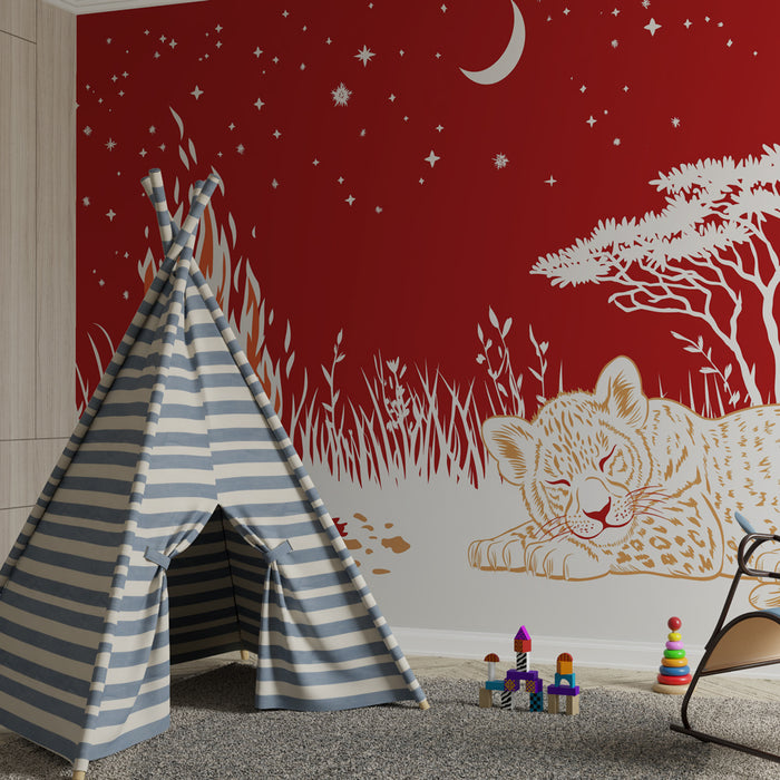 Tapet barnerom | Stjerneklar natt og sovende løveunge