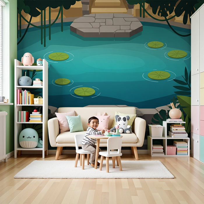 Papel de parede para quarto de criança | Oásis tropical com lago e folhagem exuberante