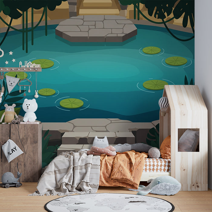 Papel de parede para quarto de criança | Oásis tropical com lago e folhagem exuberante