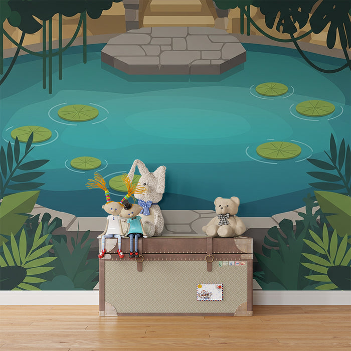 Papel de parede para quarto de criança | Oásis tropical com lago e folhagem exuberante