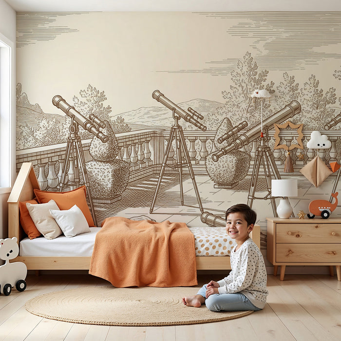 Kinderzimmer Tapete | Observatorium mit Teleskopen und Naturlandschaft