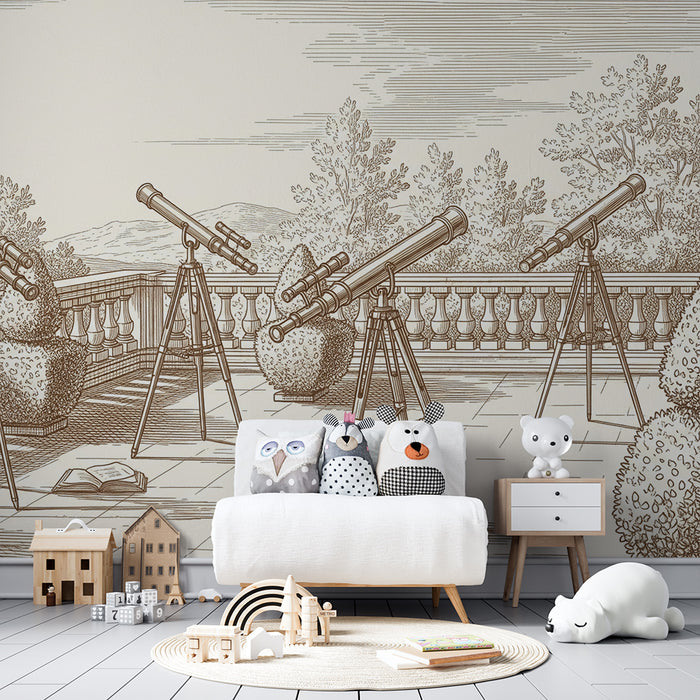 Kinderzimmer Tapete | Observatorium mit Teleskopen und Naturlandschaft