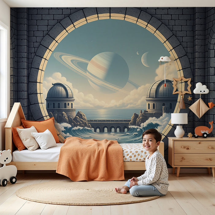 Carta da parati per camera bambini | Osservatorio spaziale con Saturno e onde oceaniche