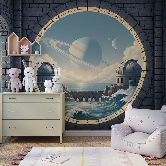 Carta da parati per camera bambini | Osservatorio spaziale con Saturno e onde oceaniche