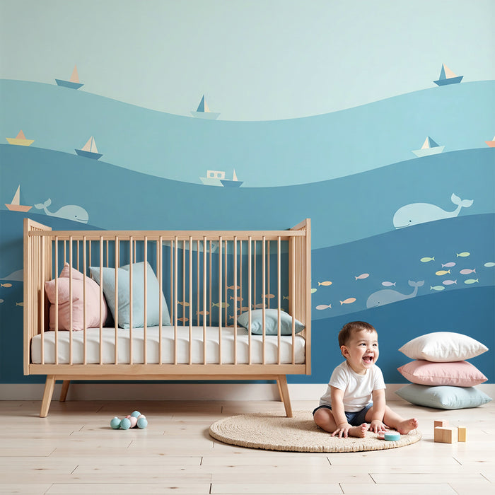 Papel de parede criança | Ocean liniștit cu balene și bărci colorate