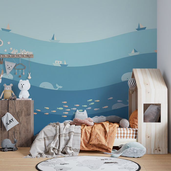 Papel de parede criança | Ocean liniștit cu balene și bărci colorate