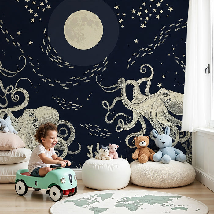 Papier peint chambre enfant | Octopodes sous la lune et récifs coralliens