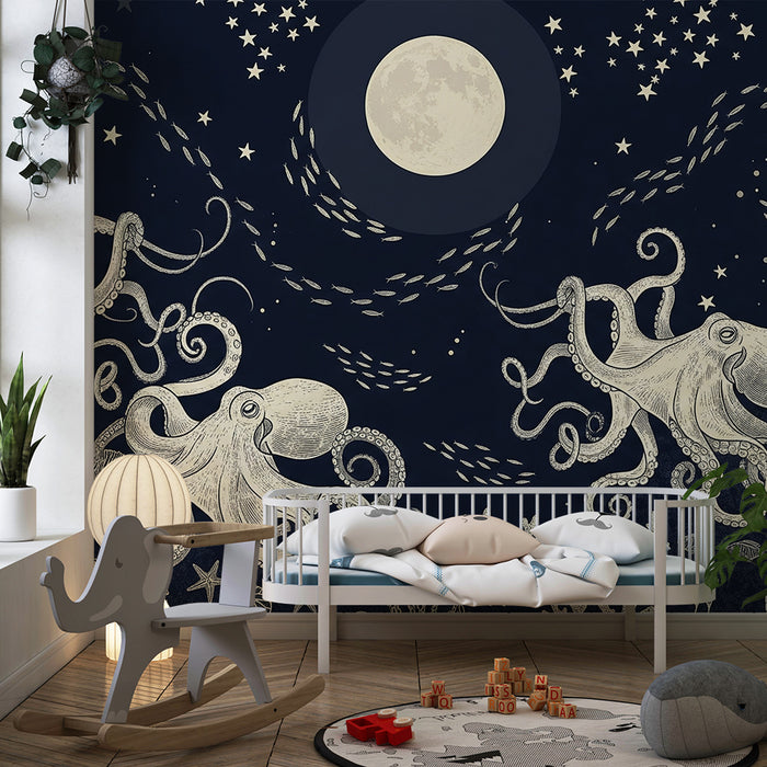 Papier peint chambre enfant | Octopodes sous la lune et récifs coralliens