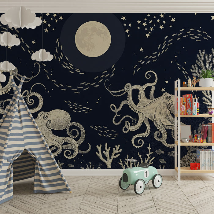 Papier peint chambre enfant | Octopodes sous la lune et récifs coralliens