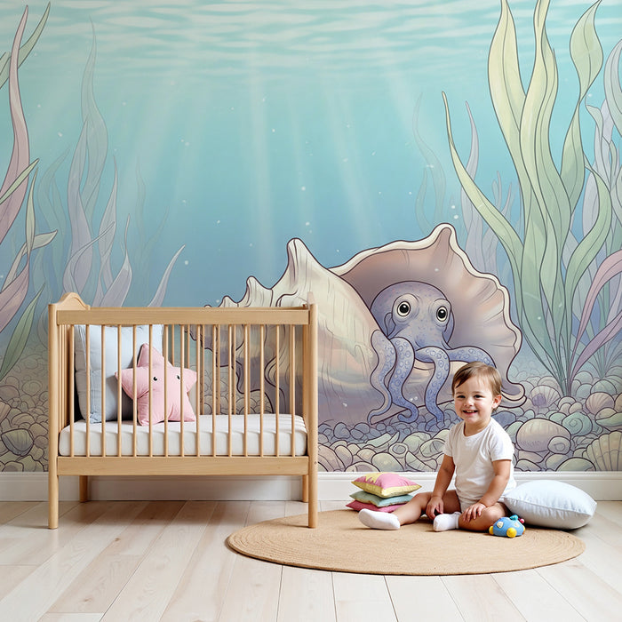 Lastenhuoneen tapetti | Utelias mustekala rauhallisessa vedenalaisessa maailmassa