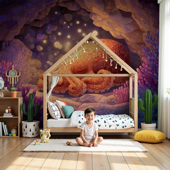Kinderzimmer Tapete | Schlafender Oktopus am Meeresboden mit bunten Korallen