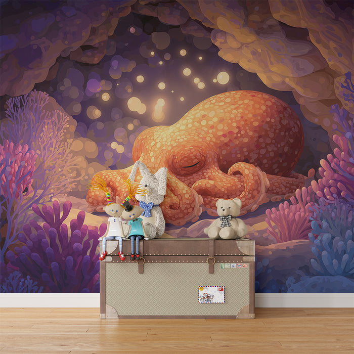 Kinderzimmer Tapete | Schlafender Oktopus am Meeresboden mit bunten Korallen