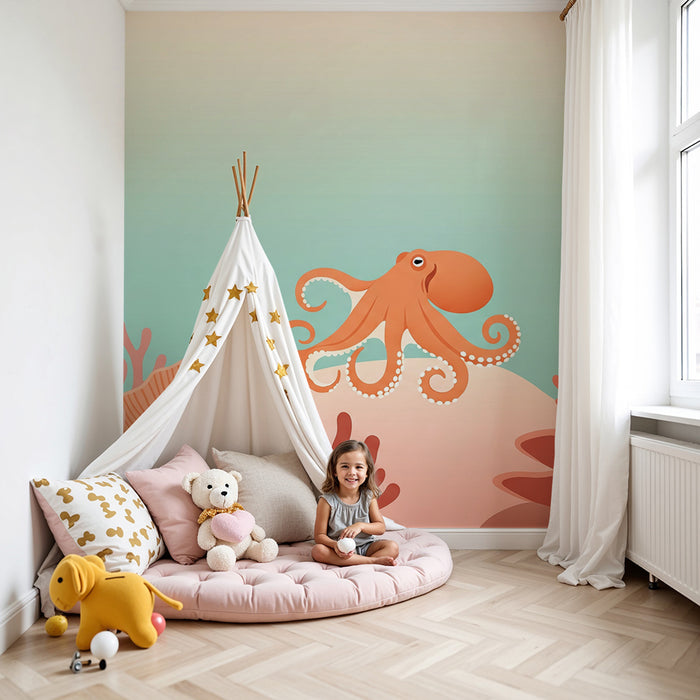 **Tapete Kinderzimmer | Oktopus und Korallenriffe in sanften Farbtönen**
