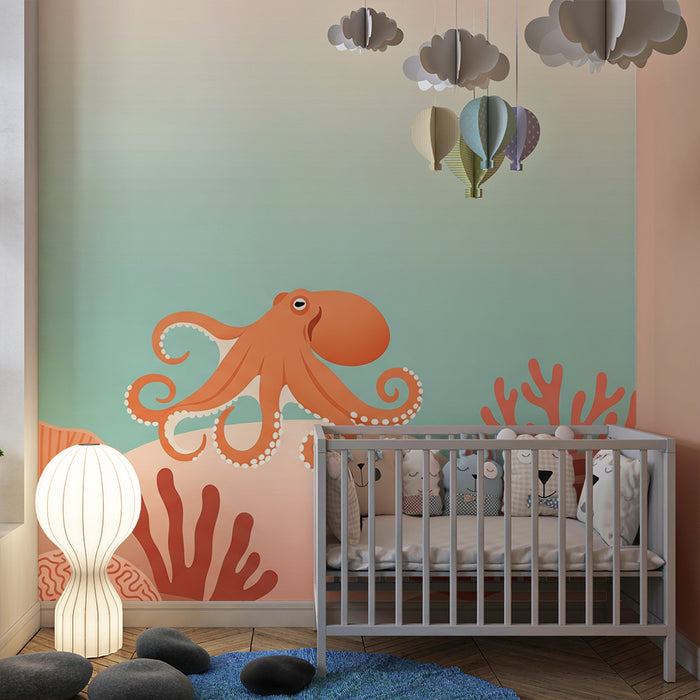 **Tapete Kinderzimmer | Oktopus und Korallenriffe in sanften Farbtönen**