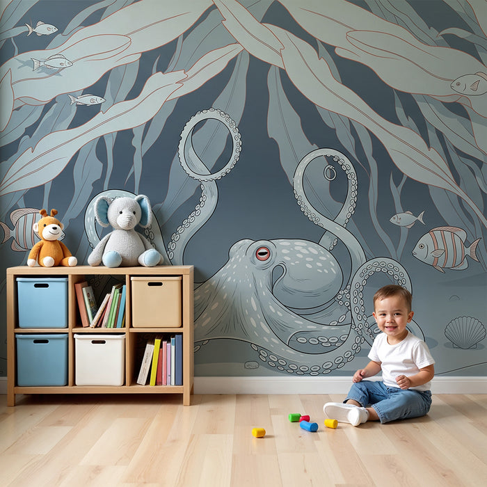 Papier peint chambre enfant | Octopus et vie marine dans un décor sous-marin apaisant