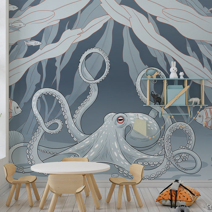 Papier peint chambre enfant | Octopus et vie marine dans un décor sous-marin apaisant