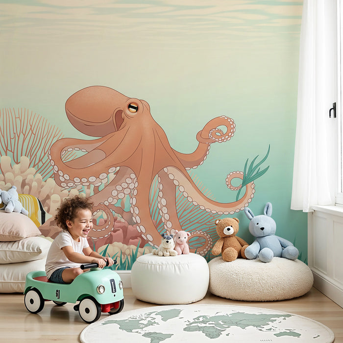 Papel de parede para quarto de criança | Polvo divertido e peixes coloridos no fundo do mar