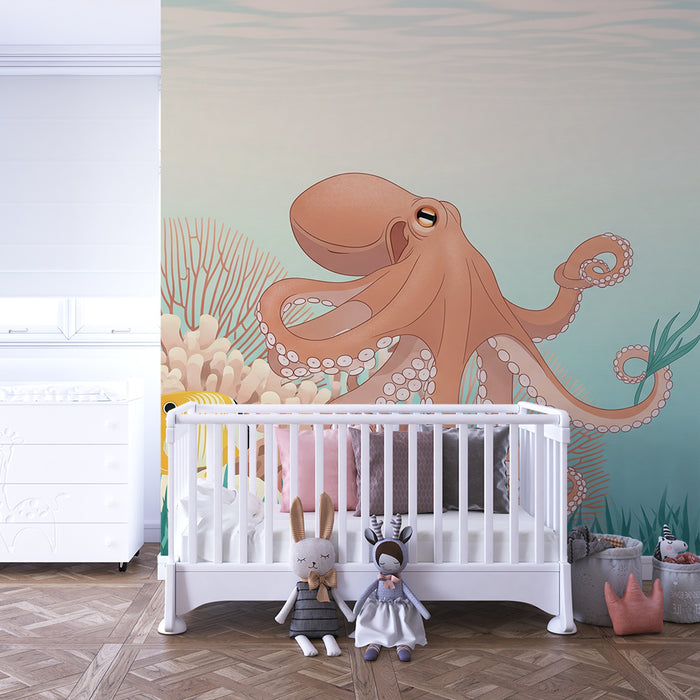 Papel de parede para quarto de criança | Polvo divertido e peixes coloridos no fundo do mar