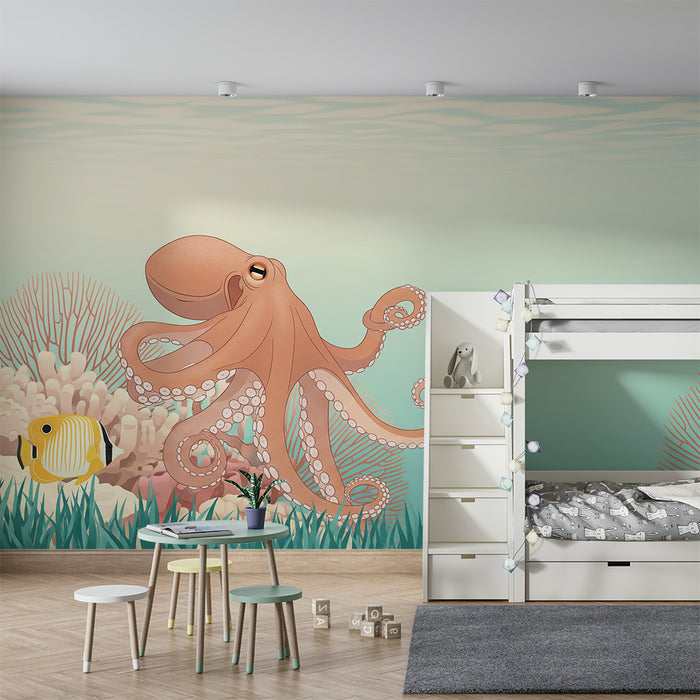 Papel de parede para quarto de criança | Polvo divertido e peixes coloridos no fundo do mar
