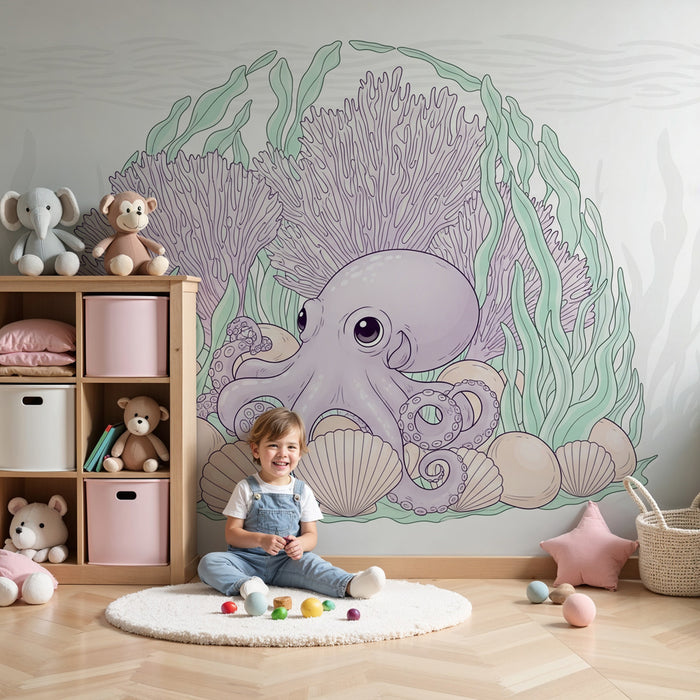 Papier peint chambre enfant | Octopus mignon et coraux sous-marins