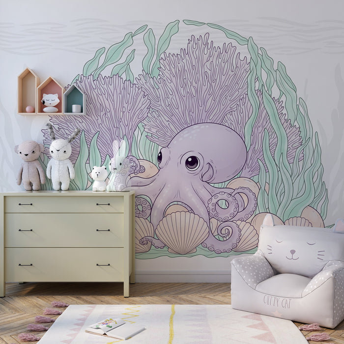 Papier peint chambre enfant | Octopus mignon et coraux sous-marins