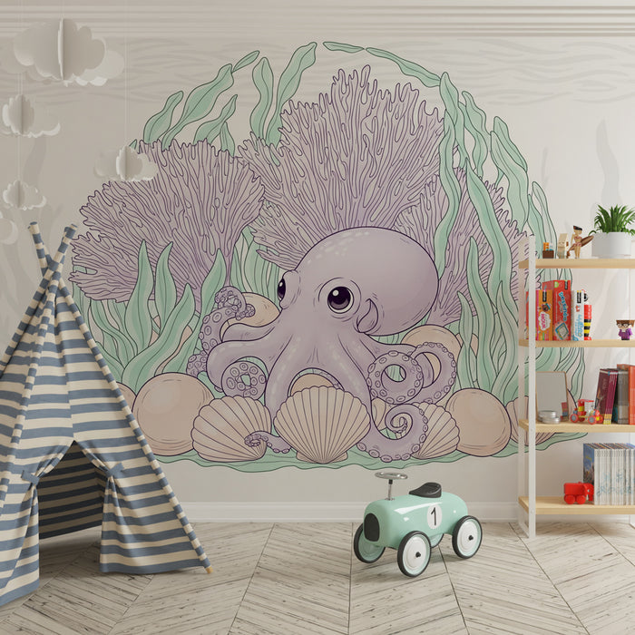 Papier peint chambre enfant | Octopus mignon et coraux sous-marins