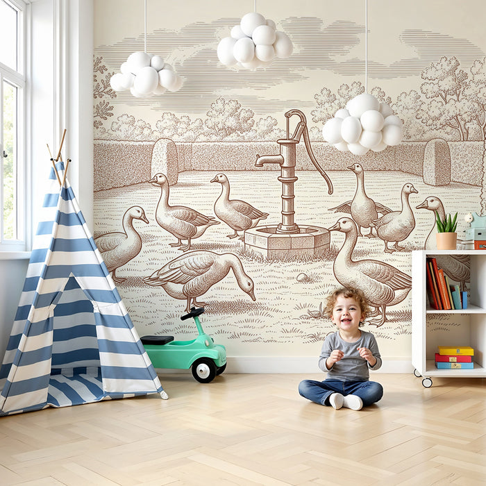 Behang kinderkamer | Ganzen in een tuin met een vintage waterpomp