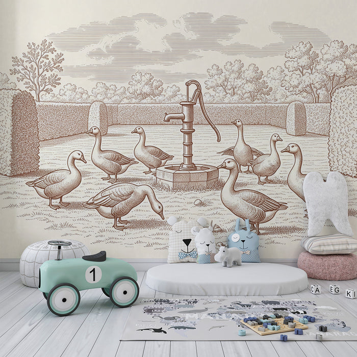 Behang kinderkamer | Ganzen in een tuin met een vintage waterpomp