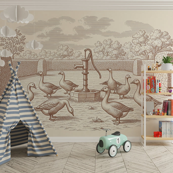 Behang kinderkamer | Ganzen in een tuin met een vintage waterpomp