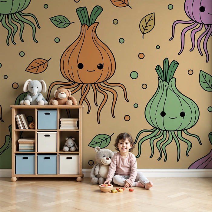 Kids' Room Wallpaper | Smiling Onions and Colorful Jellyfish on a Pastel Background