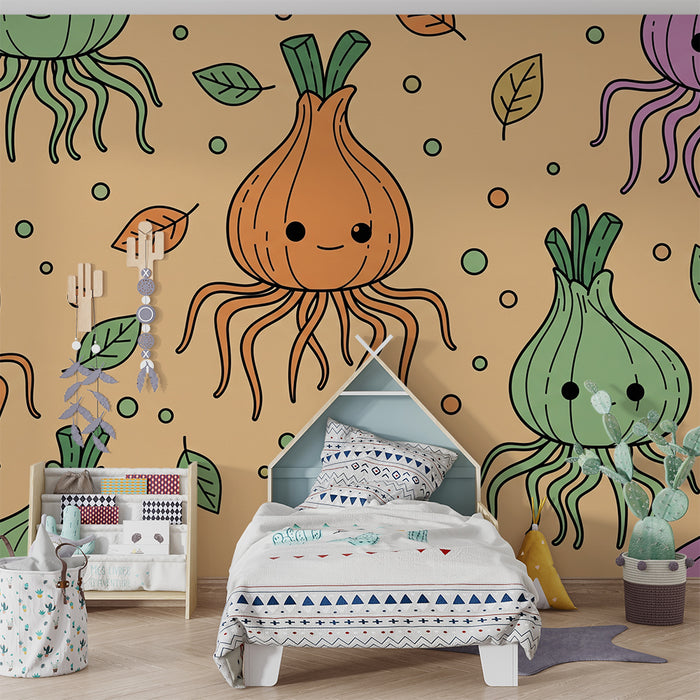 Kids' Room Wallpaper | Smiling Onions and Colorful Jellyfish on a Pastel Background
