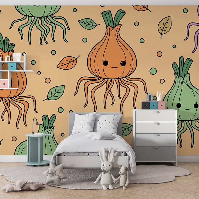 Kids' Room Wallpaper | Smiling Onions and Colorful Jellyfish on a Pastel Background