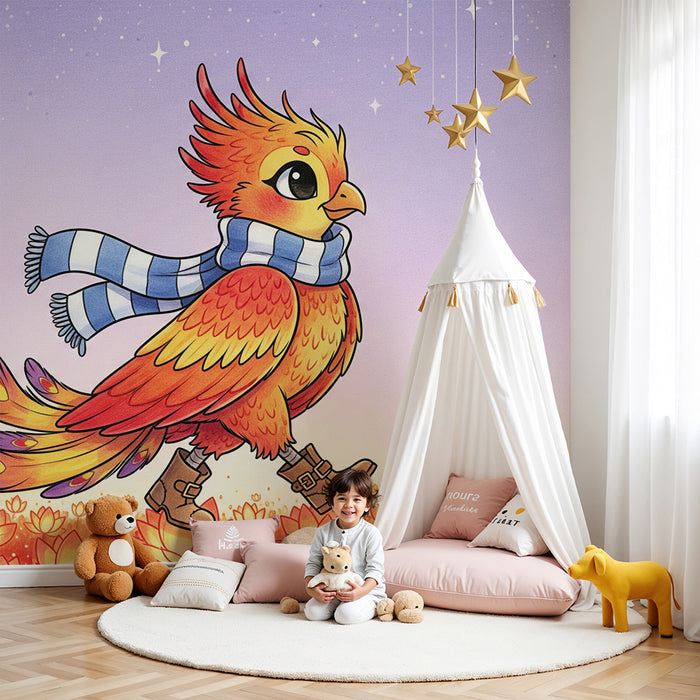 Kinderzimmer Tapete | Bunter Vogel mit Schal spaziert durch ein Blumenfeld