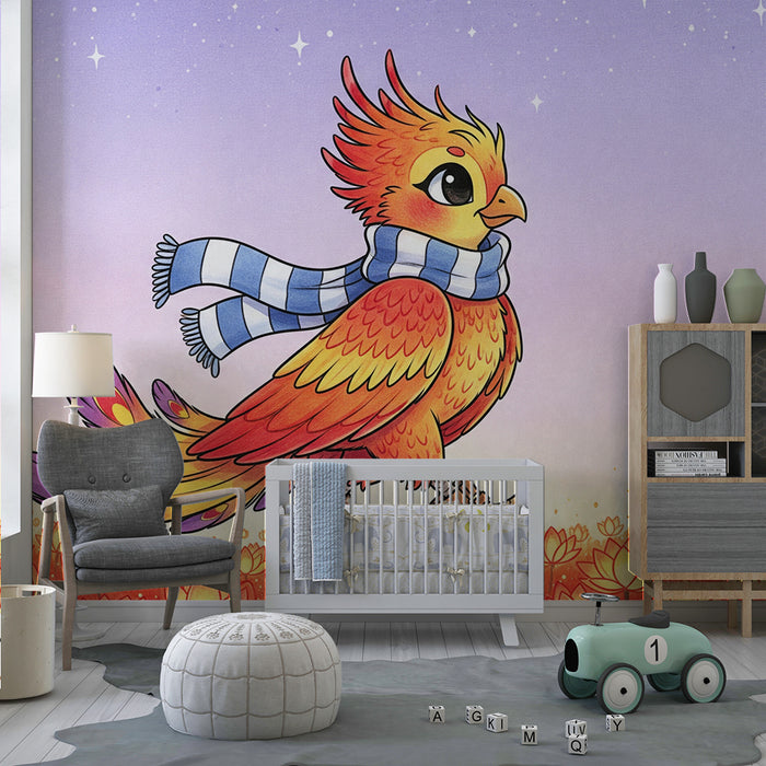 Kinderzimmer Tapete | Bunter Vogel mit Schal spaziert durch ein Blumenfeld