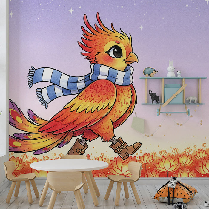 Kinderzimmer Tapete | Bunter Vogel mit Schal spaziert durch ein Blumenfeld
