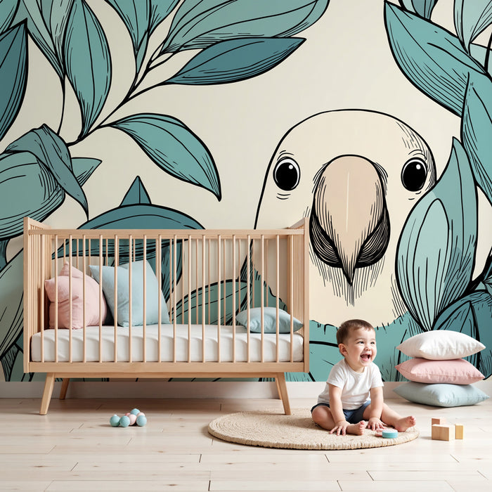 Papel de parede criança | Pássaro colorido e folhagem tropical