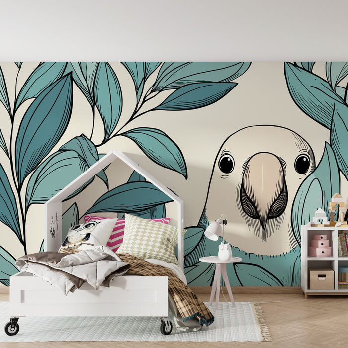 Papel de parede criança | Pássaro colorido e folhagem tropical