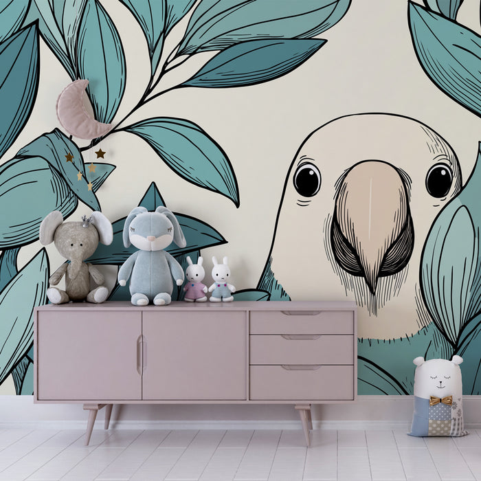Papel de parede criança | Pássaro colorido e folhagem tropical